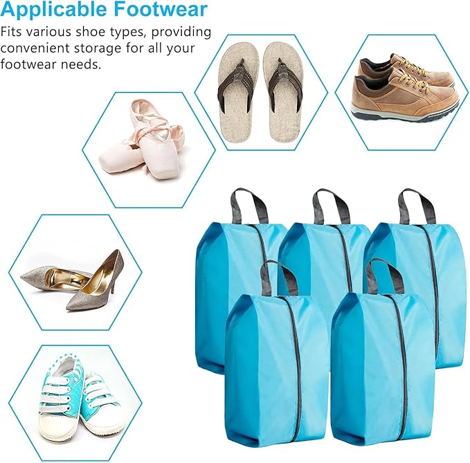 5Pcs XL Travel Shoe Bags Portable Travel Gifts Shoe Organizer with Zipper Closure, Waterproof Nylon Shoe Storage Organizer with Handle Travel Bags For Men and Women, Blue