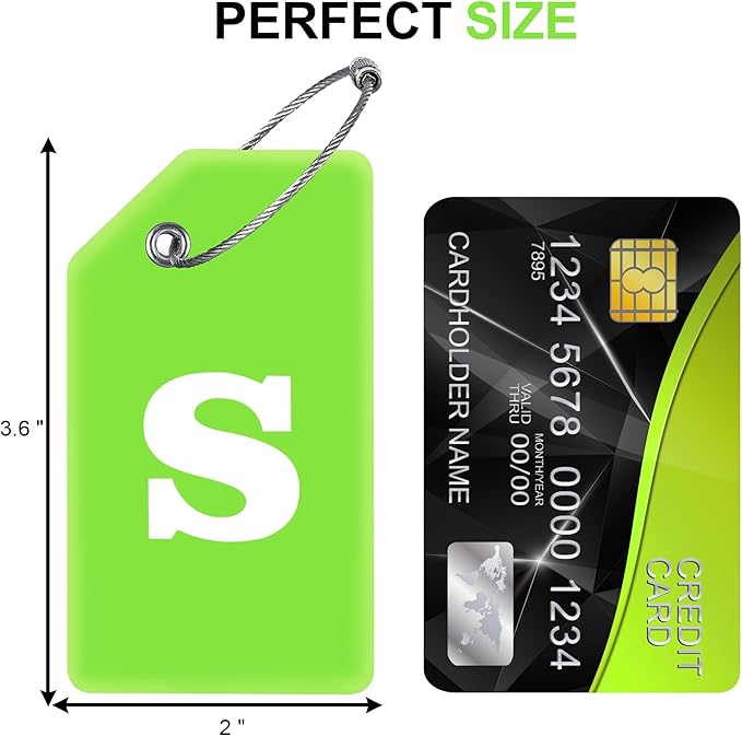Gostwo 8 Pack Luggage Tags for Suitcases, 26 Initial Letter Travel Luggage Baggage Identification Labels ID Tags Fully Bendable Tags with Stainless Steel Loop (Letter S, Green)