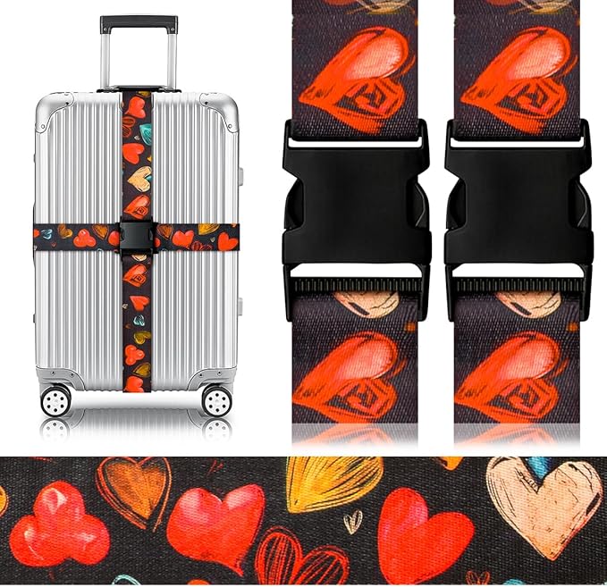 Gutsdoor Luggage Straps for Suitcases Adjustable Travel Belt, Connector Holds Suitcase Bright Colorful Identifiers Travel Bag Accessories (Heart Black)