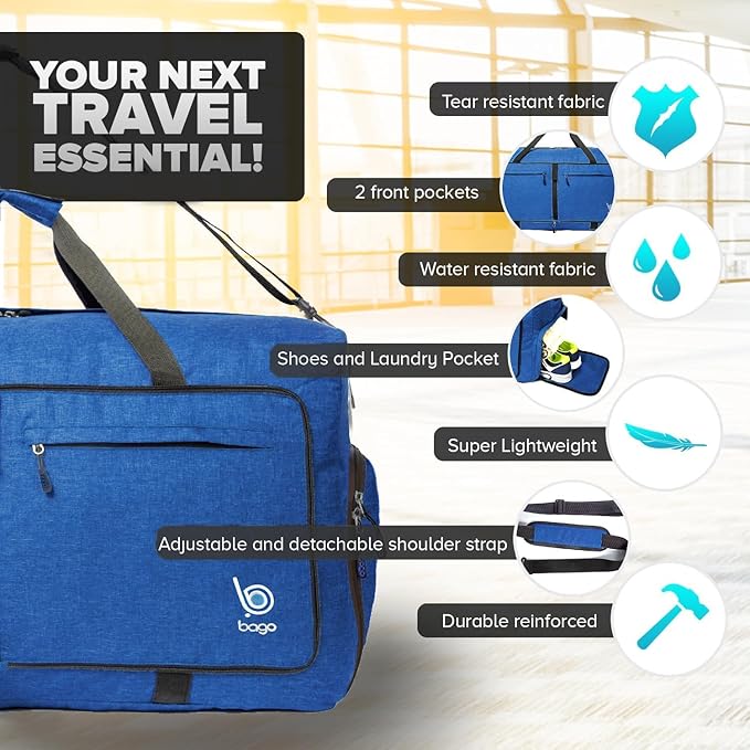Bago Large Duffle Bag for Travel Women & Men. Durable Lightweight Foldable Travel Duffel Bags For Traveling Women. 100L Duffle Bags for Overnight Bag With Shoe Compartment Collapsible Weekender duffel