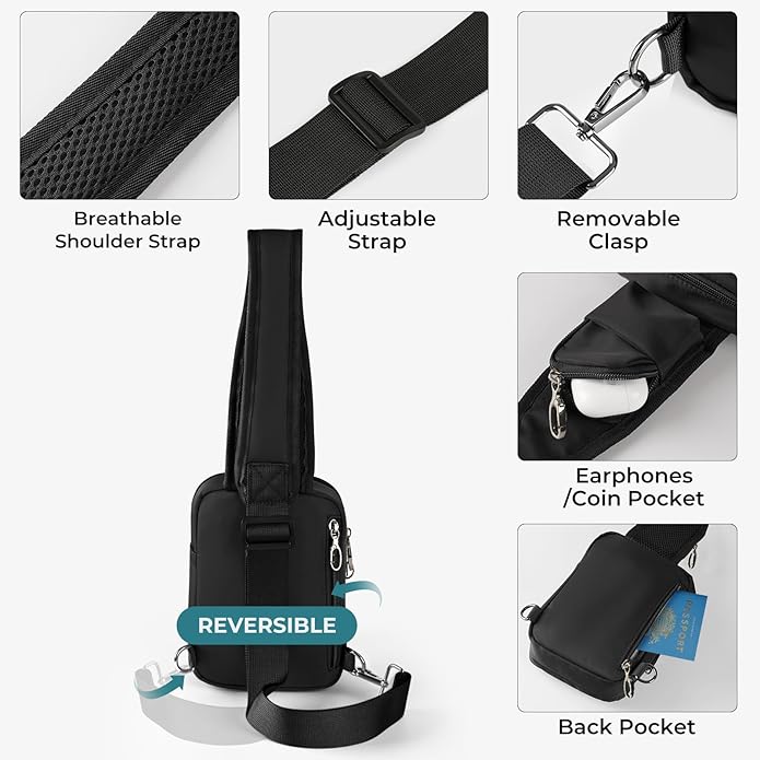 BROADREAM Mini Crossbody Sling Bag, Small Chest Bags Dual Pocket with Zipper Lock, RFID Blocking & Water Resistant Women Men