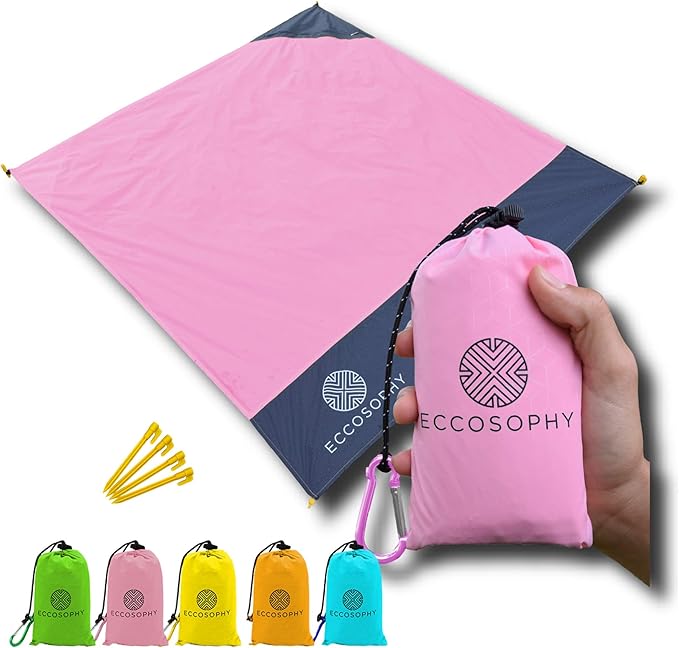 ECCOSOPHY Sand Proof Beach Blanket - Waterproof Picnic Blanket 60x55 Outdoor Compact Pocket Blanket Lightweight Ground Cover for Hiking Camping Festivals Sports Travel with Bag & Stakes (Pink)