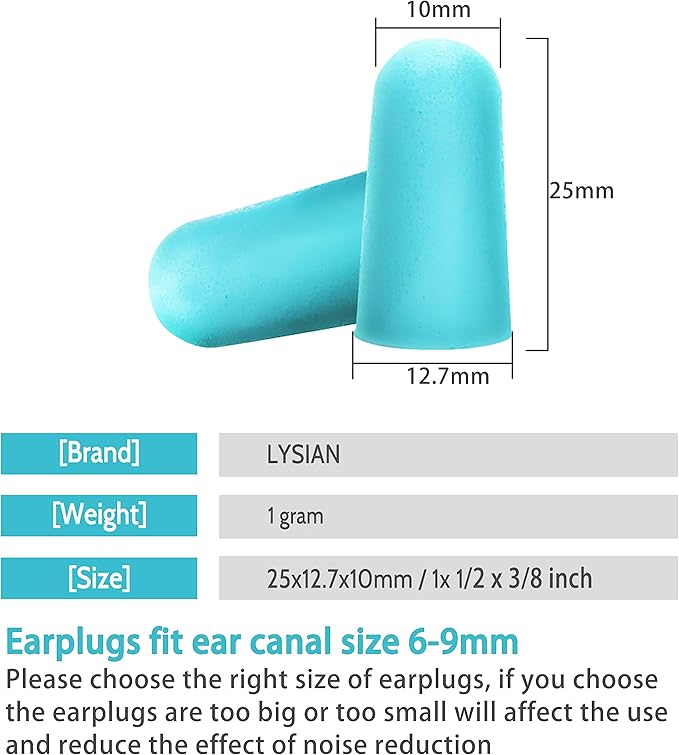 LYSIAN Ultra Soft Foam Earplugs Sleep, Noise Cancelling Ear Plugs for Sleeping, Shooting,Travel and Work-38dB SNR 31dB NRR Sound Blocking-60 Pairs Pack (Lake Blue)