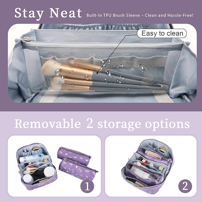 BOYATU Travel Makeup Bag Cosmetic Bags for Women: 3 Pcs Set Portable Make up Bag with Handle - PU Leather Toiletry Bags with Compartments - Makeup Organizer for Travel Essentials(L-3-Purple)