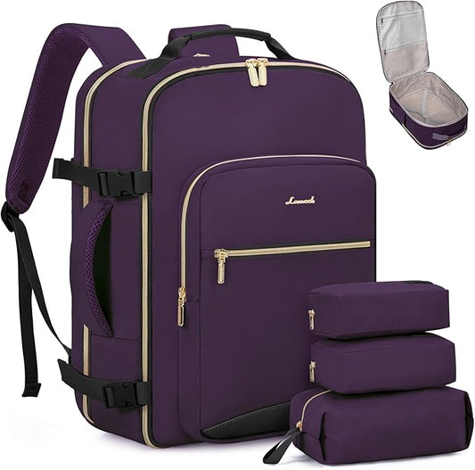 LOVEVOOK Travel Backpack for Women & Men 40L,Airline Approved Carry On Backpack Travel Essentials,TSA Carry on Luggage,Waterproof Personal Item Travel Bag Suitcase,3 Packing Cubes,Dark purple-Black-2