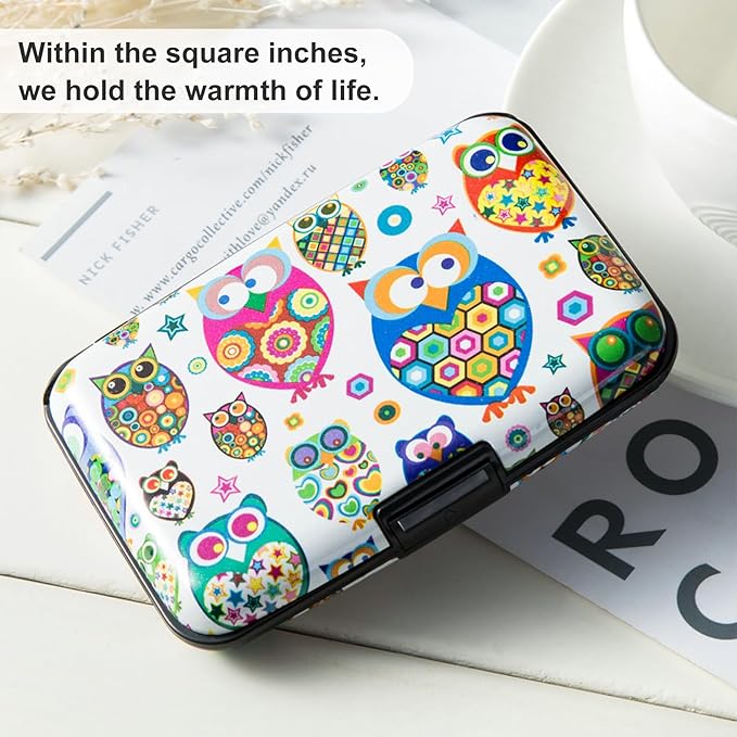 ELFISH Mini RFID Aluminum Wallet Credit Cards Holder Business Card Case Metal ID Case for Men Women (Owl)