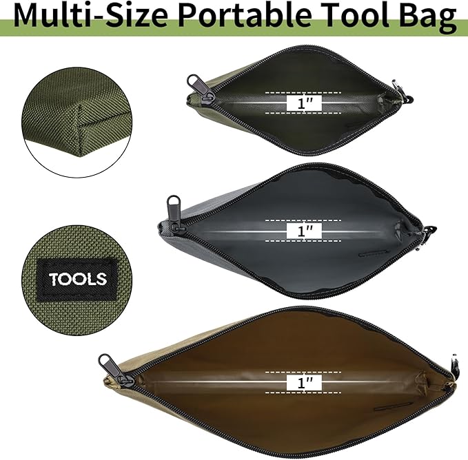 COIDEA 6 Pack Zipper Pouch, Premium Tool Bag, Utility Flat Bottom Storage Organizer With Carabiner Metal Zipper for Tools, Stationary, Pencil