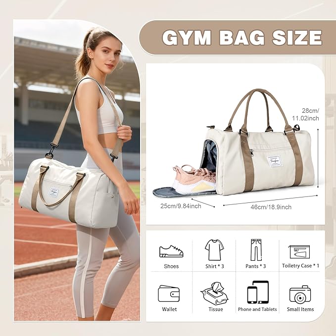 Gym Bag for Women Men with Shoes Compartment and Wet Pocket,Sport Swimming Yoga Bag,Waterproof Travel Duffel Bag Small Carry on Bag Overnight Weekender Bags Personal Item Bag for Airlines, Beige Brown