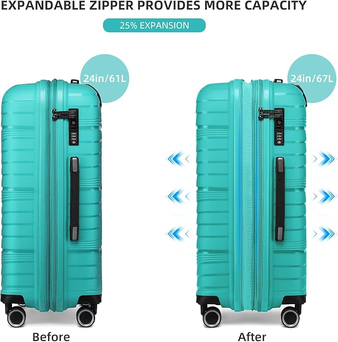 LARVENDER Luggage Sets 2 Piece, Expandable PP 24 Inch Check-in Suitcase with Duffle Bags for Women, Luggage Set Clearance with Spinner Wheels TSA Lock (Ice Blue)