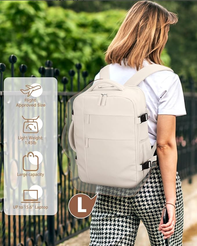 Pritent Travel Backpack for Women Man, Waterproof Personal Item Travel Bag Airline Approved Laptop Backpack Bookbag Weekender bags for Business,Travel, Work Fits 15.6 inch Laptop(Medium,Beige)