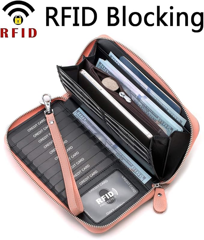 Moflycom Womens Wallet RFID Blocking Genuine Leather Multi Credit Card Large Capacity Zip Around Clutch Travel Purse Wristlet