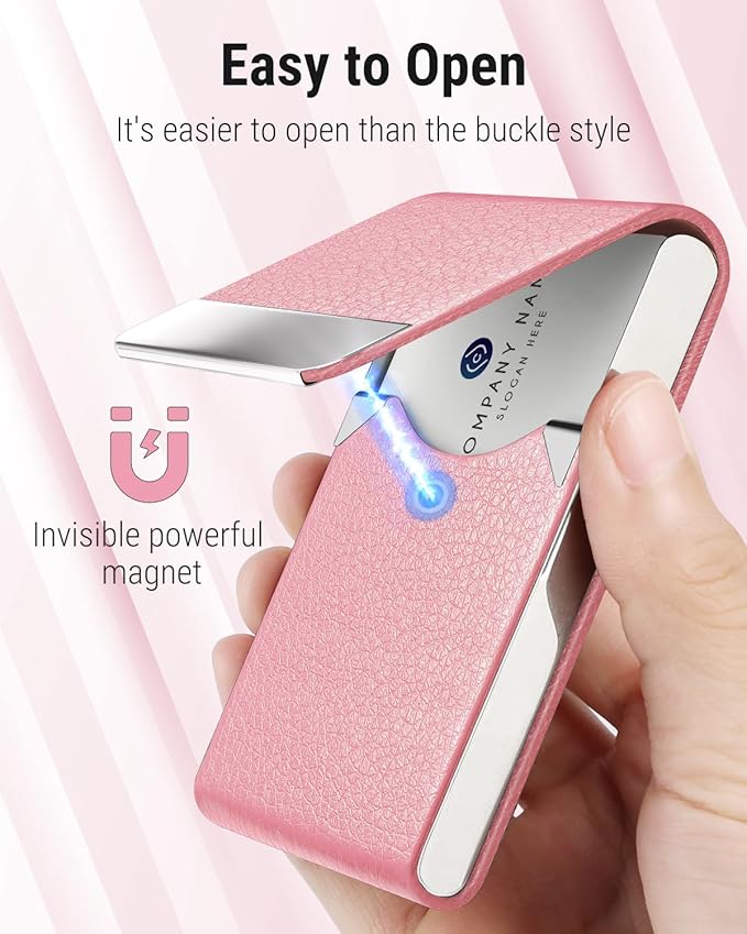 MaxGear Business Card Holder, PU Leather & Stainless Steel Business Card Case for Men or Women, Slim Name Cards Holder RFID Blocking Credit Cards Carrier with Magnetic Closure, Pink