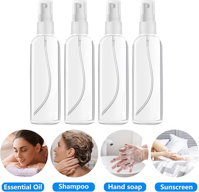 4 Pack 3.4 Oz (100ml) TSA Approved Travel Bottles, Travel Size Containers Spray Bottles with Labels - Fine Mist, Refillable, Reusable, Leak Proof