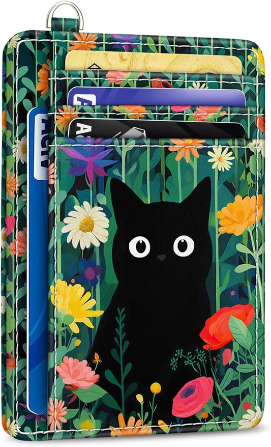 Yonlevres Black Cat Credit Card Holder Slim Wallet, Floral RFID Wallet Women Front Pocket Small Card Holder, Travel Funny Cute Thin Card Case ID Window PU Leather RFID Blocking Card Organizer Girls