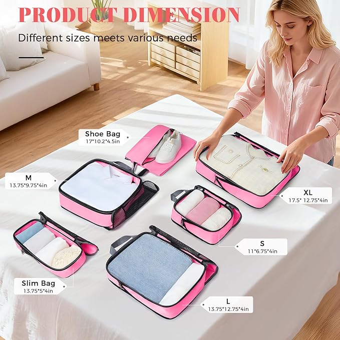 BAGAIL 4 Set/6 Set/8 Set Compression Packing Cubes Travel Accessories Expandable Packing Organizers (Half Mesh, 6-Pink)