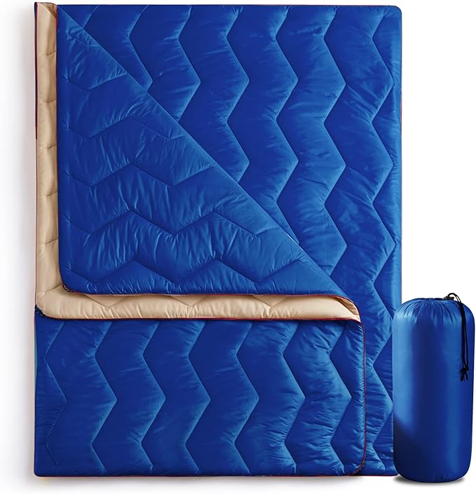 UNIKOME Waterproof Puffy Camping Blanket - Lightweight Packable Outdoor Quilt with Corner Loops, Warm Compact Blanket for Cold Weather Hiking Picnic Stadium Travel, 75"×52", Blue