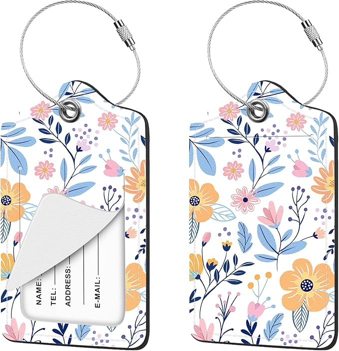 2 Pcs Luggage Tag for Suitcases, Floral Flowers Cute PU Leather Suitcase Tag Privacy Cover ID Label with Metal Loop, Personalized Baggage Identifier for Women Cruise Bag Travel Essentials