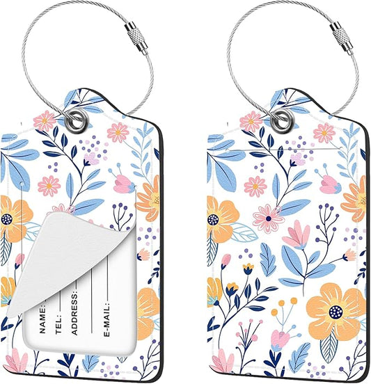2 Pcs Luggage Tag for Suitcases, Floral Flowers Cute PU Leather Suitcase Tag Privacy Cover ID Label with Metal Loop, Personalized Baggage Identifier for Women Cruise Bag Travel Essentials