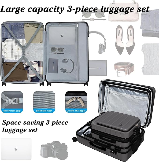 SmileLine 3-Piece Luggage Set Lightweight Hardside Suitcase TSA Lock Spinner Wheels, 20" Expandable Carry-On Luggage with Quick Access Front Open Pocket, Bonus Makeup Bag,Grey