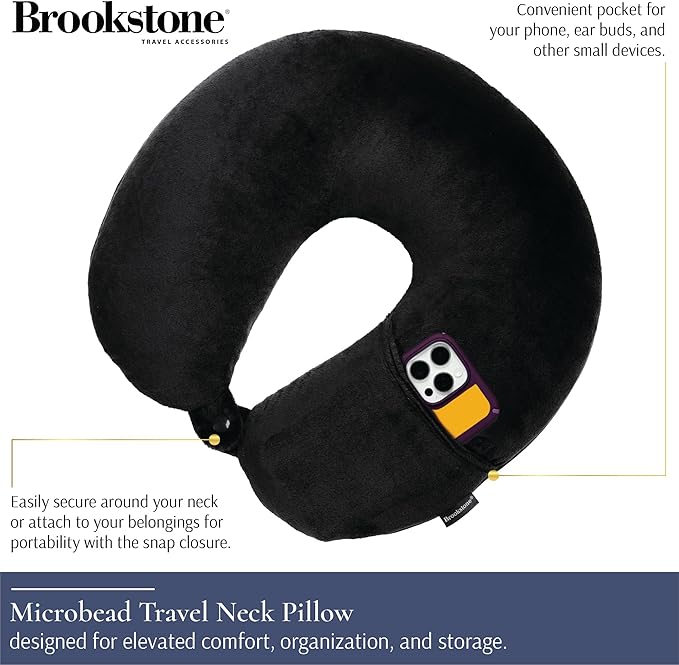 Brookstone Microbead Travel Head and Neck Pillow Lightweight and Plush with Phone or Headphone Pocket, Black