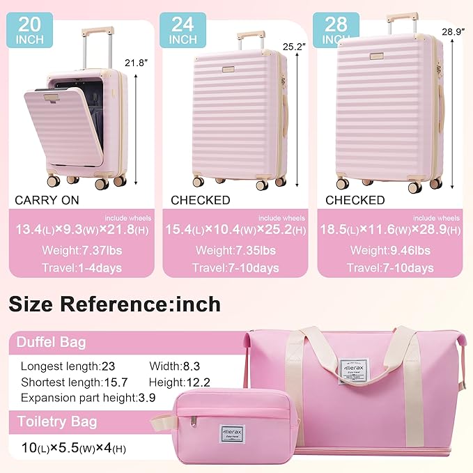 Merax Luggage Sets 5 Piece,Front Open Hardshell Expandable Suitcase with Spinner Wheels and Duffel Bags,Lightweight Carry on Luggage with USB Port and Cup Holder,20/24/28IN,Pink