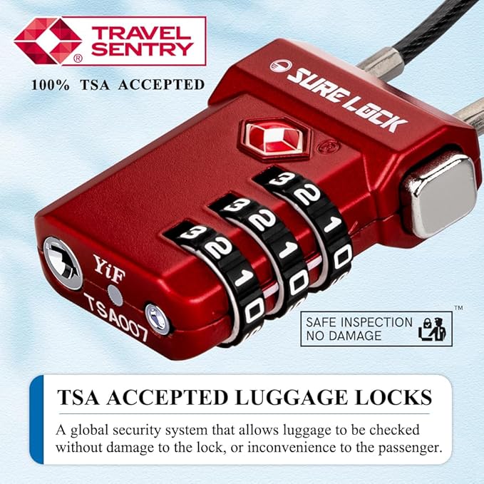 SURE LOCK TSA Approved Luggage Locks – 3-Digit Combination Cable Lock with Red Indicator, Large Dial & Easy-Press Button for Suitcases and Backpacks – Multi-Pack & Color Options