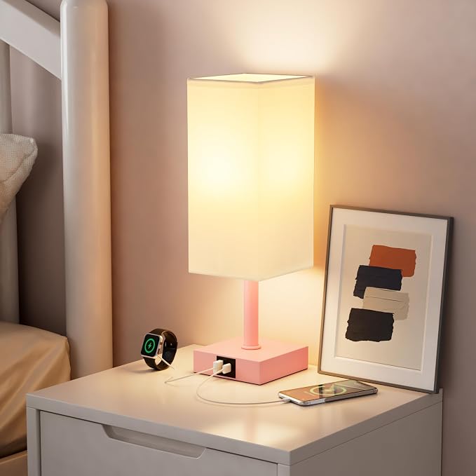 Touch Table Lamp for Bedroom - Dimmable, USB C+A, White Lamphade Pink Base | 3-Way Dimmable, 3000K LED Bulb Included, Square Lampshade, Cute Room Decor for Teen Girls, Kids, Small Lamp for Dorm, Nursery