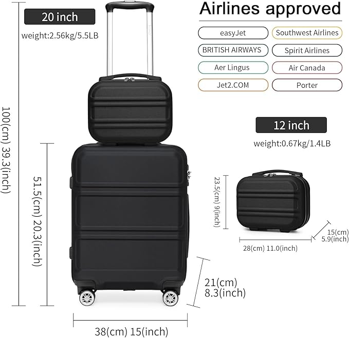 Kono Carry On Luggage Set Airline Approved Lightweight PC+ABS Carry On Suitcase with TSA Lock Spinner Wheels Durable Luggage Hardside Black