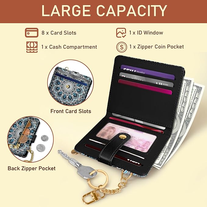 Jogjam Mandala Rfid Ladies Wallet, Small Slim Thin Compact Credit Card Women Wallet, PU Leather Bifold Cash Zipper Coin Pocket ID Window for Female