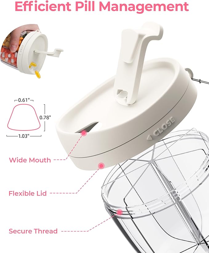Cute Pill Dispenser with 7 Large Compartments, Portable Pill Bottle Organizer with Wide Opening for Easy Use, Anti-Mix Pill Organizer for Travel, BPA-Free Pill Container, White