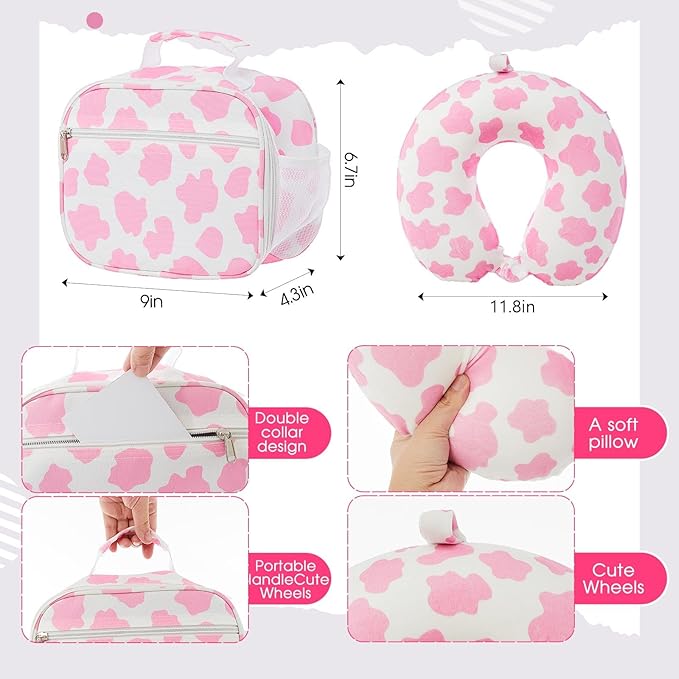 Redbaker 17 Inch 6 Pcs Kids Luggage Set Kids Rolling Luggage Double Pattern Suitcase for Boys Girls (Pink and White, Cow Point Style)