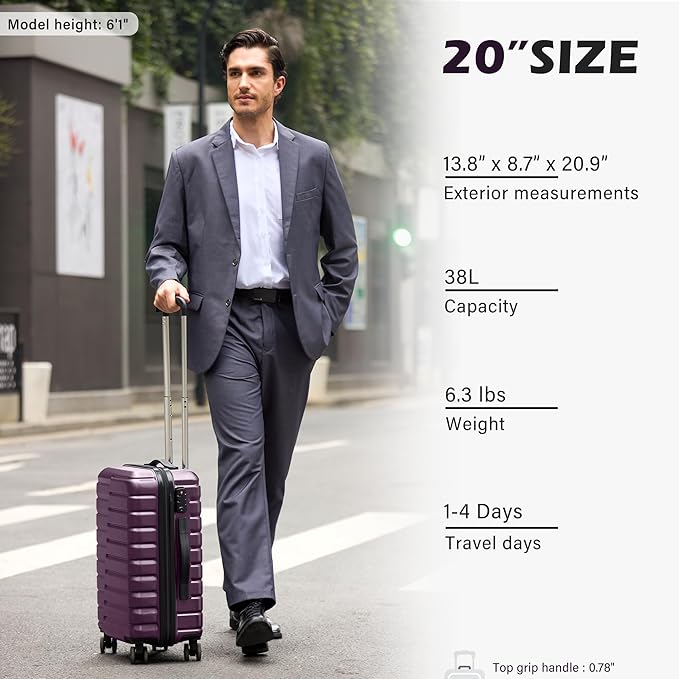 Coolife 20-Inch Small Carry on Hardside PC+ABS Spinner TSA Lock Telescopic Luggage Handle（20in-purple）
