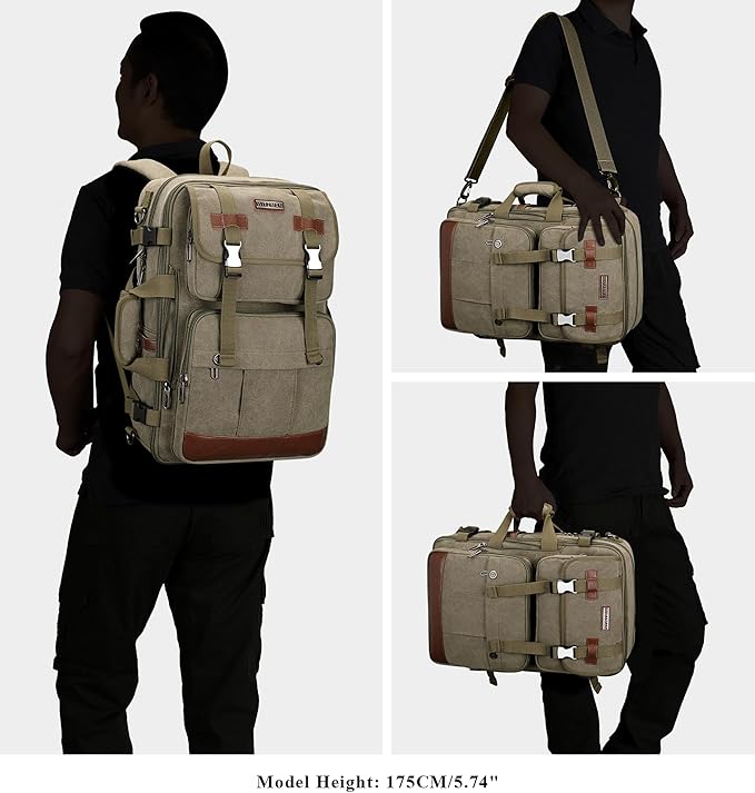 WITZMAN Canvas Travel Backpack for Men Large Laptop Backpack Fit 16 inch Carry-on Airline Approved Convertible Shoulder Rucksack(A6617-3 Army Green)
