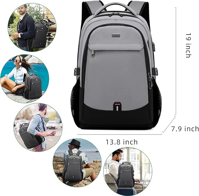DUSLANG 17 Inch Travel Laptop Backpack Water Resistant College Backpack for Men/Women Laptop Bag with USB Charging Port, Light Grey and Black