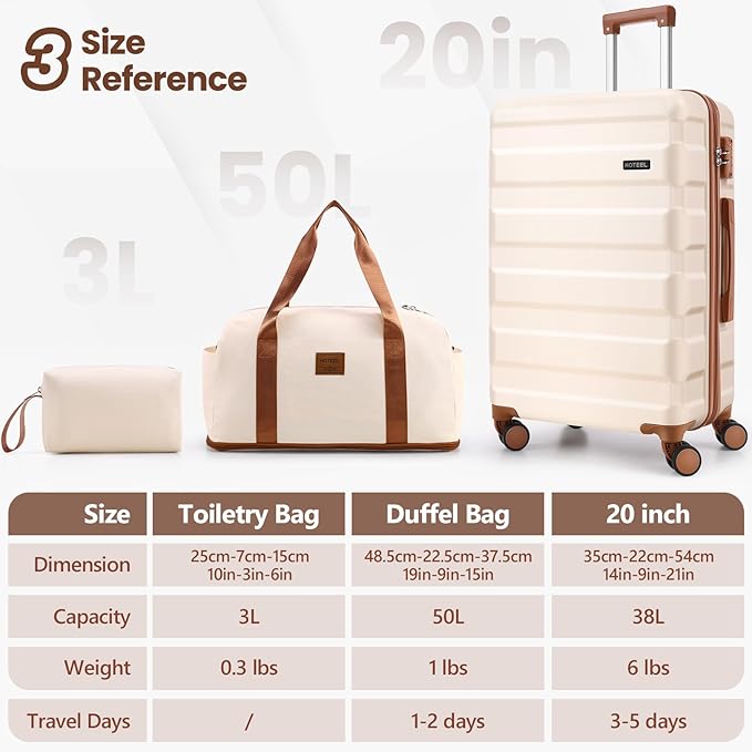 Hoteel Luggage Sets 3 Piece, 4-Year Warranty, Carry-On Luggage with Dual-Spinner Wheels, ABS Hard Shell Suitcase with TSA Locks, 20 Inch Lightweight Luggages for Travel, Beige(20IN/DB/TB)