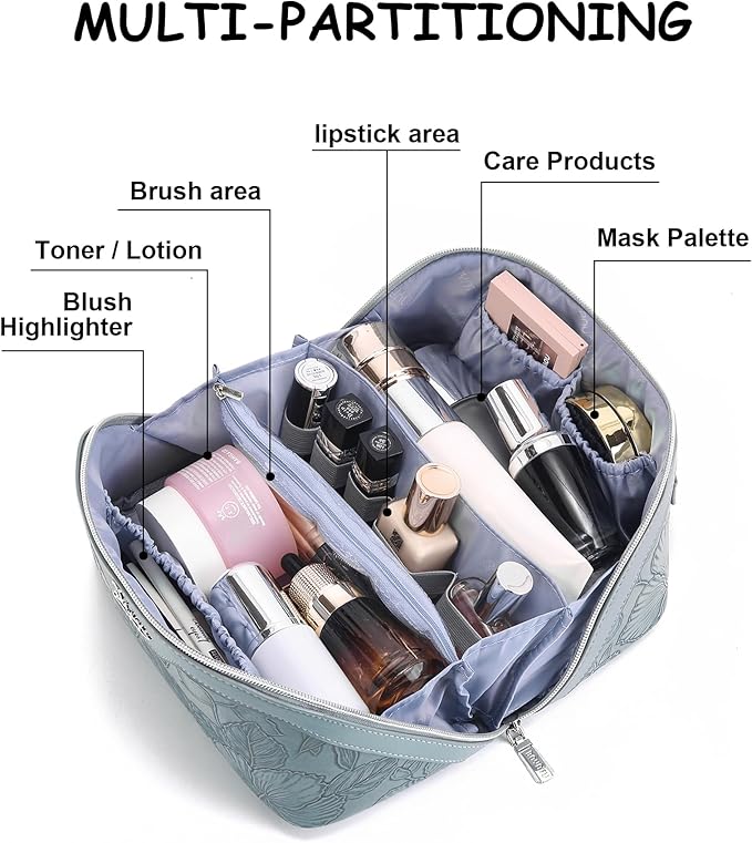 BOYATU Travel Makeup Bags Cosmetic Organizer Bag: 3 Pcs Set Large Capacity Floral Make up Bag with Compartments - Waterproof Leather Toiletry Bags with Handle for Women (01-Light Blue)