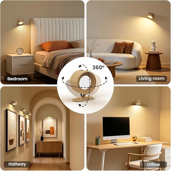 Koopala 3PACK Rechargeable LED Wall Sconce, Cordless Battery with Remote Powered Wall Sconce, 3 Brightness Levels, 360° Swivel Magnetic Shade for Reading Bedside, Wood Grain Color.