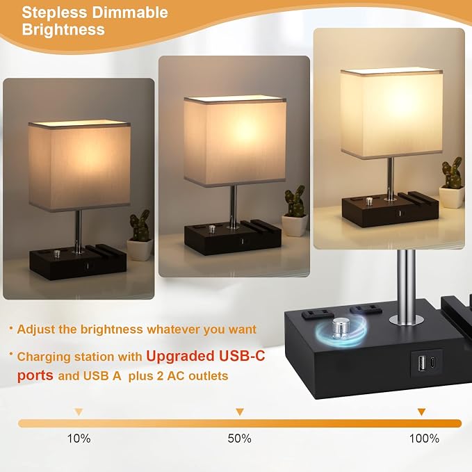 Grey Table Lamp for Bedroom - Stepless Dimmable, USB C+A, 2 AC Outlets | Dimming By Rotary Knob, USB C+A Ports, 2 Phone Stands, LED Bulbs Included, Rectangle Misty Grey Lampshade, for Living Room