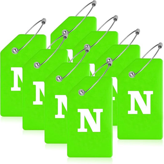 Gostwo 8 Pack Luggage Tags for Suitcases, 26 Initial Letter Travel Luggage Baggage Identification Labels ID Tags Fully Bendable Tags with Stainless Steel Loop (Letter N, Green)