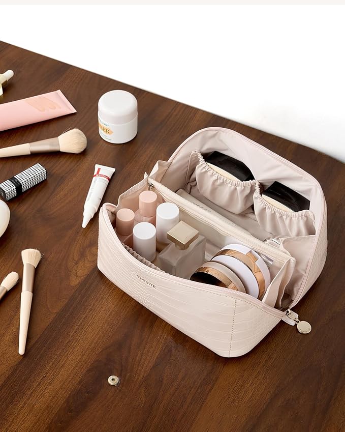 Make Up Bag, Cosmetic Organizer for Women, Waterproof Croc PU Leather Makeup Organizer with Divider and Handle Toiletry Bag Travel Bag(Croc Embossed, White)