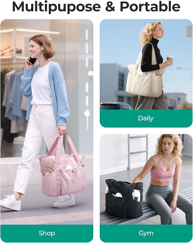 BAGSMART Foldable Tote Bag with Drawstring Bag, Large Tote Bag Shoulder Bag Top Handle Handbag for Travel, Work, Beach, Gym