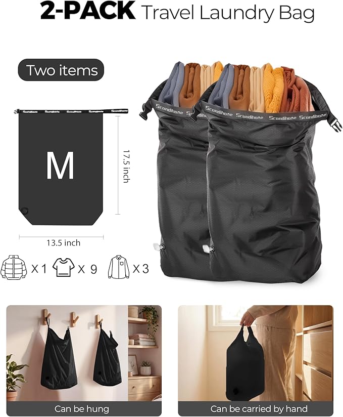 Travel Laundry Bag, Pump-Free Vacuum Compression Dirty Clothes Bag, Reusable Waterproof & Washable Laundry Bag, Wet and Dry Bag, Ideal for Suitcases, Road Trip Essentials (2 Pcs, M+M) Black