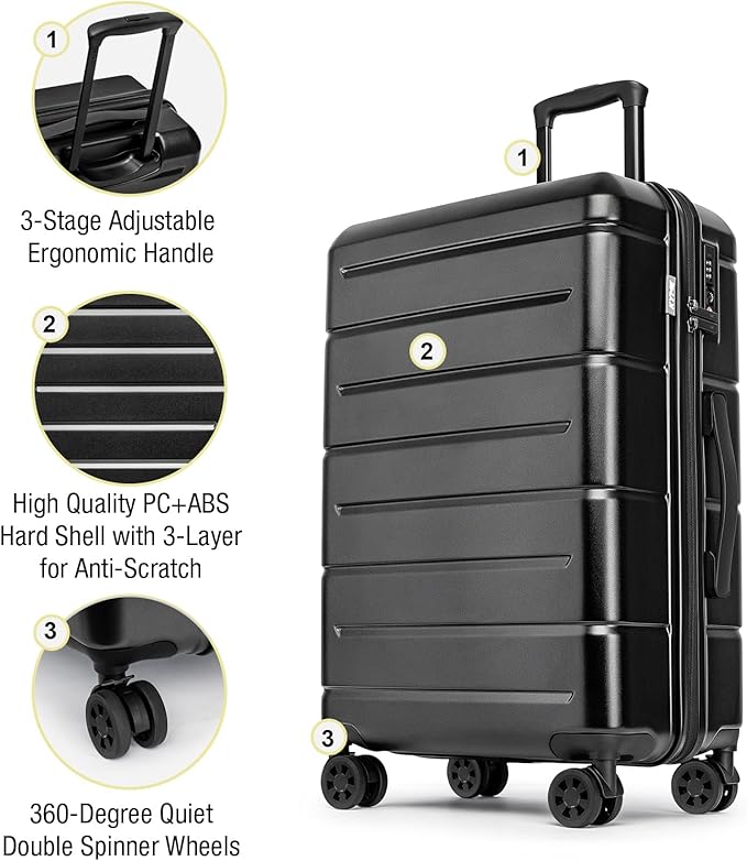 KYME 28 Inch Luggage with Wheels Hardshell Large Suitcase Lightweight Big Checked Luggage with TSA Lock Travel Rolling Suitcase for Women Men Black