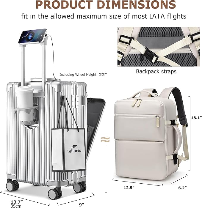feilario 2 Piece Set Aluminium Frame PC Hard Shell Spinner Wheels Luggage,20.8"X15"X8.7 Airline Approved Built-In TSA lock Carry on Suitcase, with Cup Holder, USB Port, Phone Holder