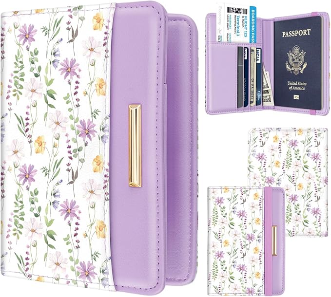 Passport Holder Cover, RFID Travel Wallet Credit Card Holder Green Cute Floral Passport Book Holders for Women with Elastic Band and Golden Metal Decoration, White Daisy