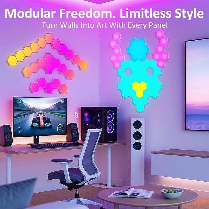 12 Pack Hexagon LED Wall Light Panels – RGB Smart Lights with APP & Remote, Music Sync Honeycomb Design – Modular Gaming Wall Decor for Bedroom, Kids Room, and Living Room
