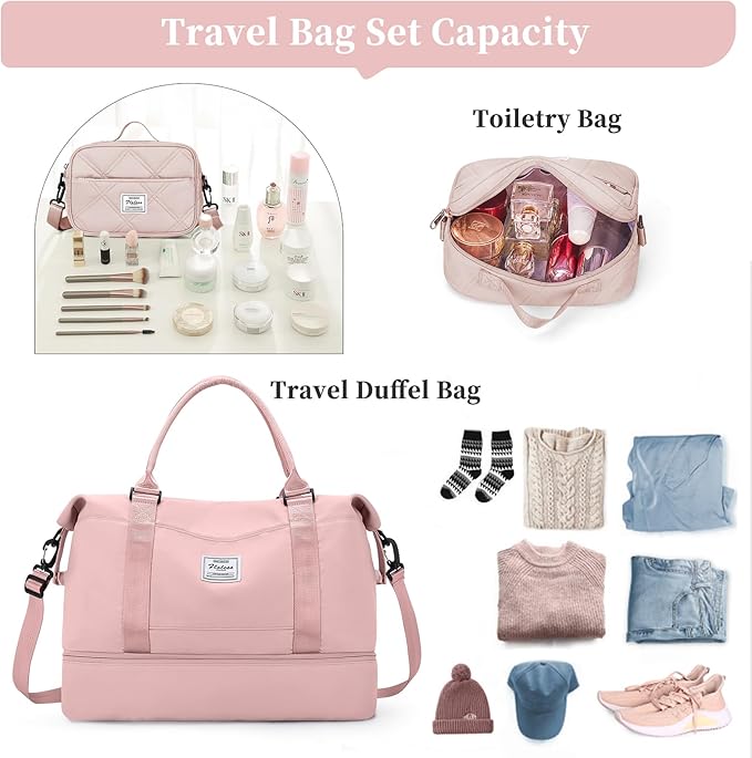 Weekender Bags for Women,Personal Item Travel Bag with Shoes Compartment,Overnight Travel Duffel Bag with Quilted Toiletry Bag,Pink