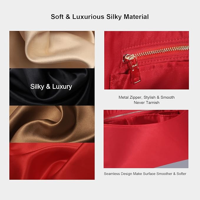 ZTUJO Purse Organizer Insert For Handbags, Silk Purse Organizer with Zipper, Silky Smooth, Bag Organizer For Speedy Neverfull Tote,onthego,Artsy, 6 Sizes(Large, Silky Red)