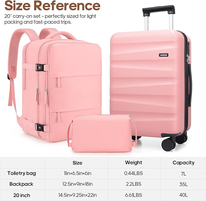 UKEIN Luggage Set with Backpack,Polycarbonate Carry On Luggage Airline Approved with Spinner Wheels, Hardshell Travel Suitcase with TSA Lock,Suitcase Set 3 Piece