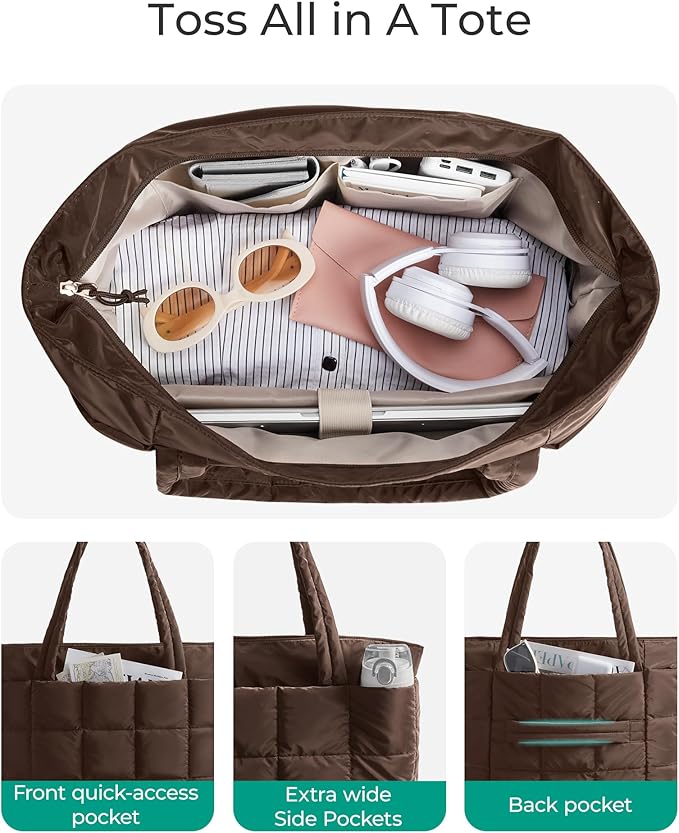 BAGSMART Expandable Tote Bag for Women, Puffer Work Tote Handbag, Quilted Carry On Bag for Travel Gym